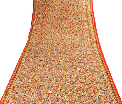 Sanskriti Vintage Sarees Craft Supplies Beige Floral Print 5+YD Moss Crepe Sari