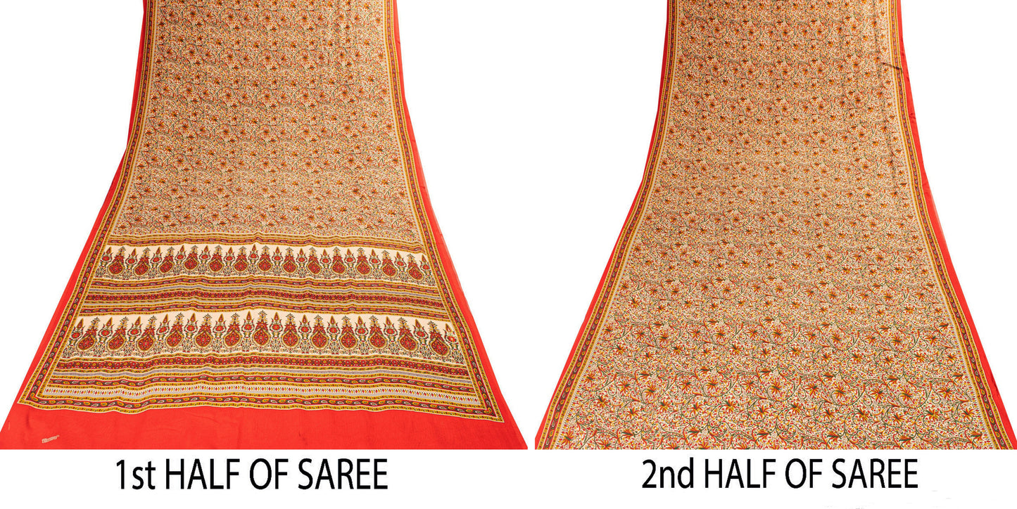 Sanskriti Vintage Sarees Craft Supplies Beige Floral Print 5+YD Moss Crepe Sari