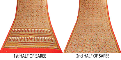 Sanskriti Vintage Sarees Craft Supplies Beige Floral Print 5+YD Moss Crepe Sari