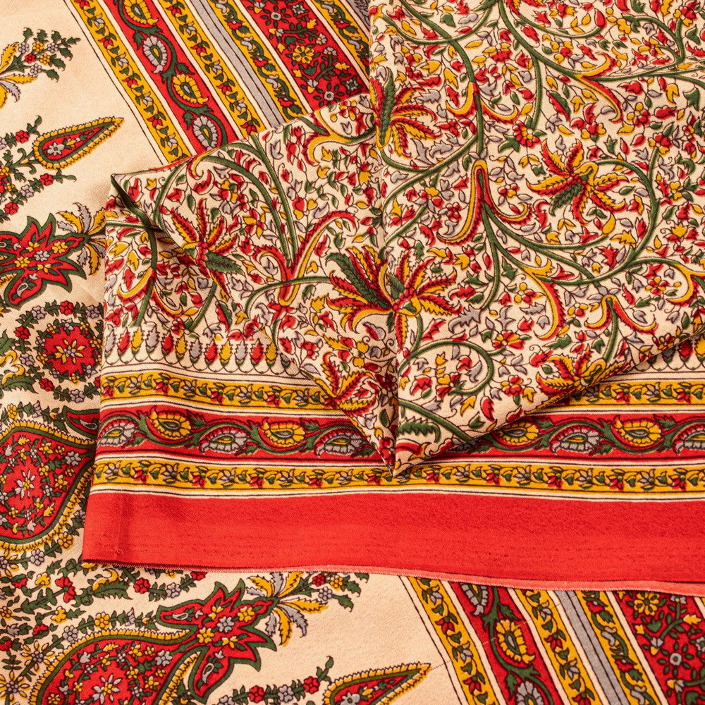 Sanskriti Vintage Sarees Craft Supplies Beige Floral Print 5+YD Moss Crepe Sari