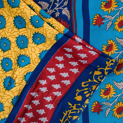 Sanskriti Vintage Blue-Yellow Moss Crepe Sarees Block Print 5.5 YD Floral Fabric