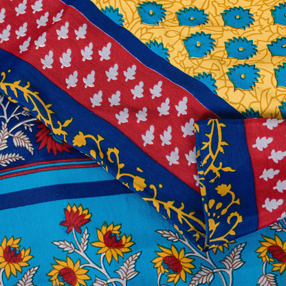 Sanskriti Vintage Blue-Yellow Moss Crepe Sarees Block Print 5.5 YD Floral Fabric