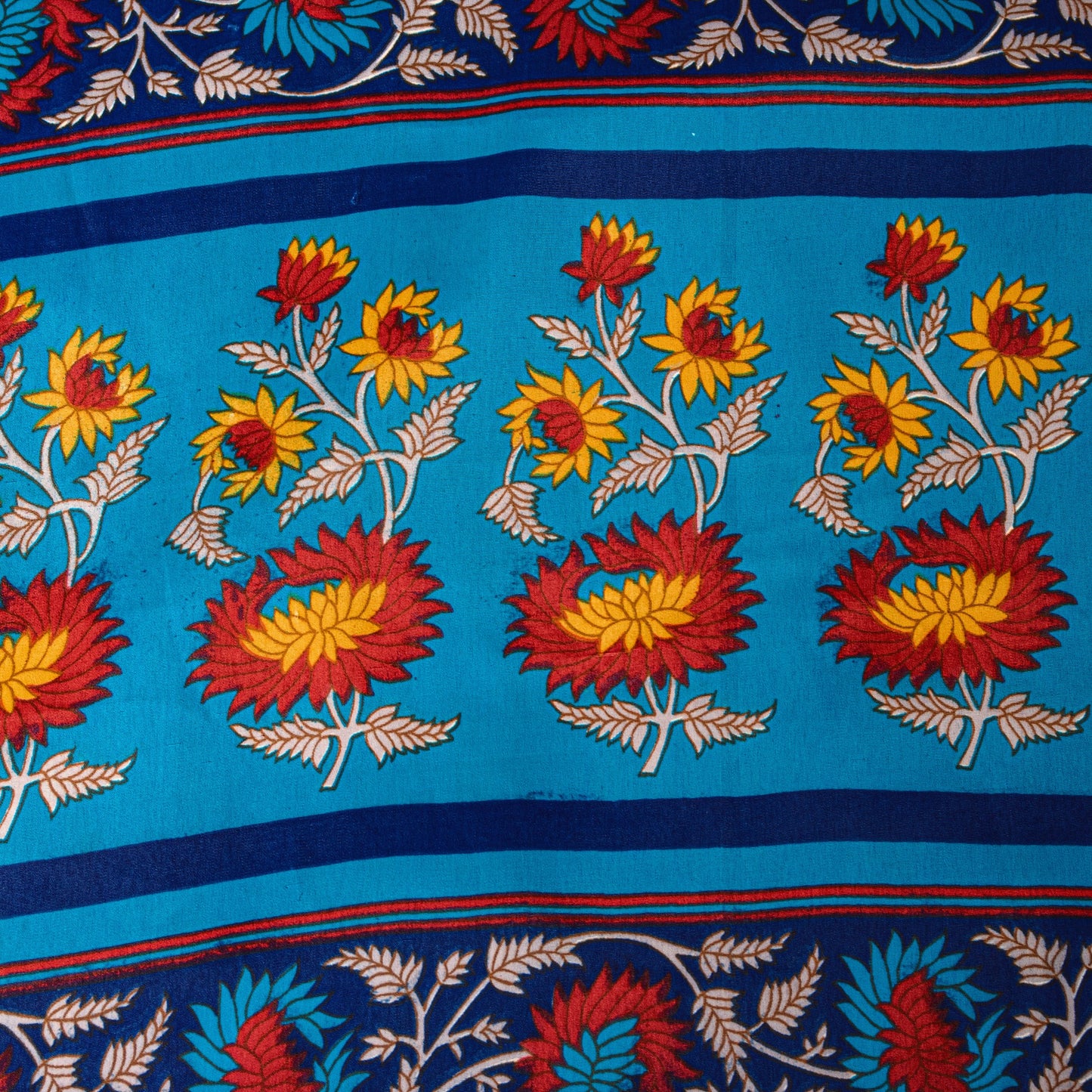 Sanskriti Vintage Blue-Yellow Moss Crepe Sarees Block Print 5.5 YD Floral Fabric