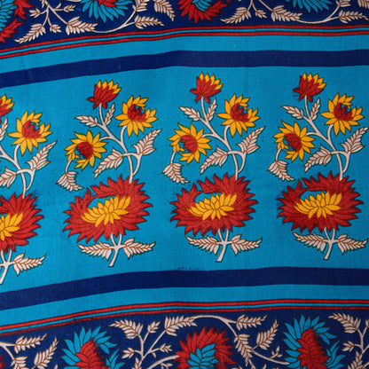 Sanskriti Vintage Blue-Yellow Moss Crepe Sarees Block Print 5.5 YD Floral Fabric