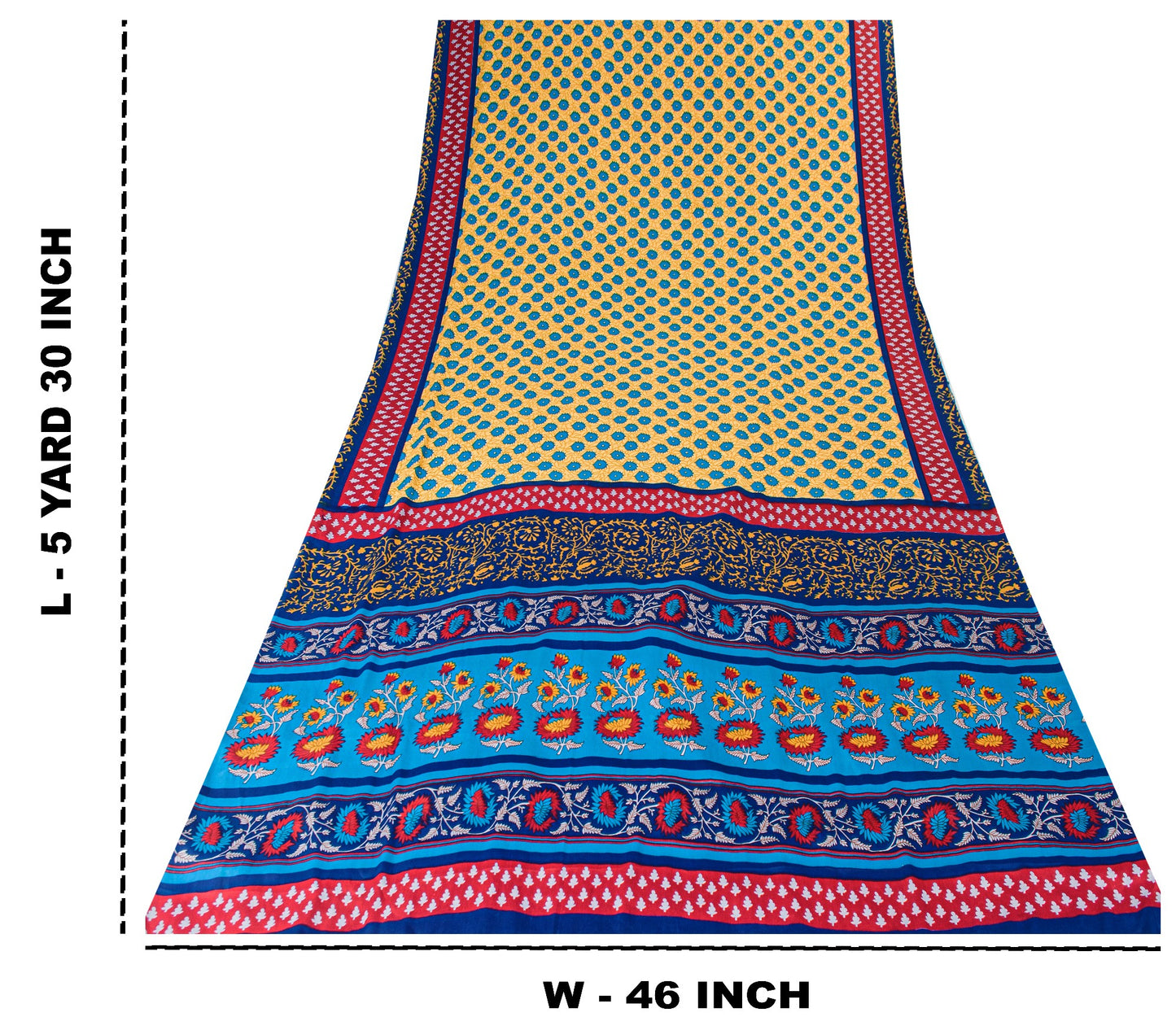 Sanskriti Vintage Blue-Yellow Moss Crepe Sarees Block Print 5.5 YD Floral Fabric