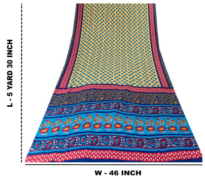 Sanskriti Vintage Blue-Yellow Moss Crepe Sarees Block Print 5.5 YD Floral Fabric