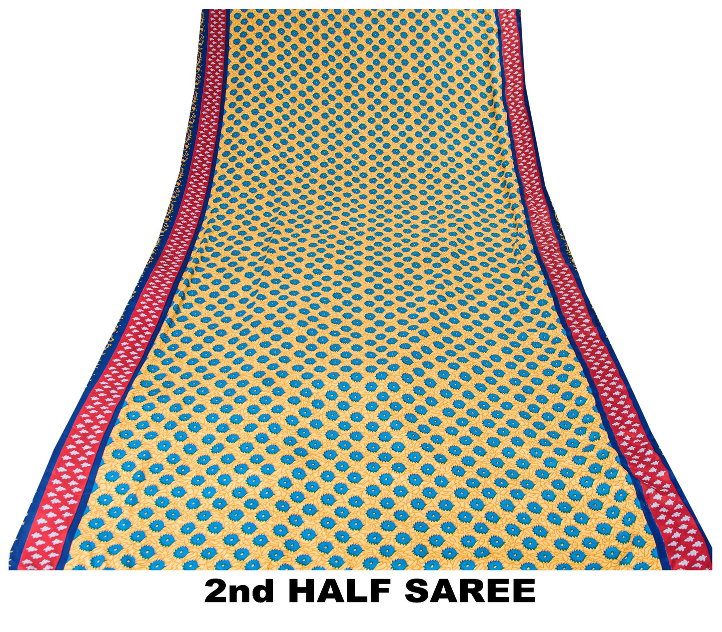 Sanskriti Vintage Blue-Yellow Moss Crepe Sarees Block Print 5.5 YD Floral Fabric