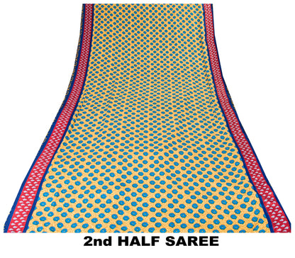 Sanskriti Vintage Blue-Yellow Moss Crepe Sarees Block Print 5.5 YD Floral Fabric