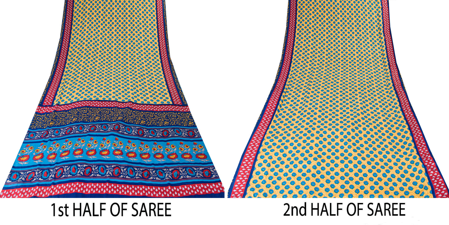 Sanskriti Vintage Blue-Yellow Moss Crepe Sarees Block Print 5.5 YD Floral Fabric