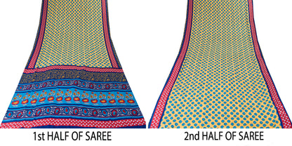 Sanskriti Vintage Blue-Yellow Moss Crepe Sarees Block Print 5.5 YD Floral Fabric