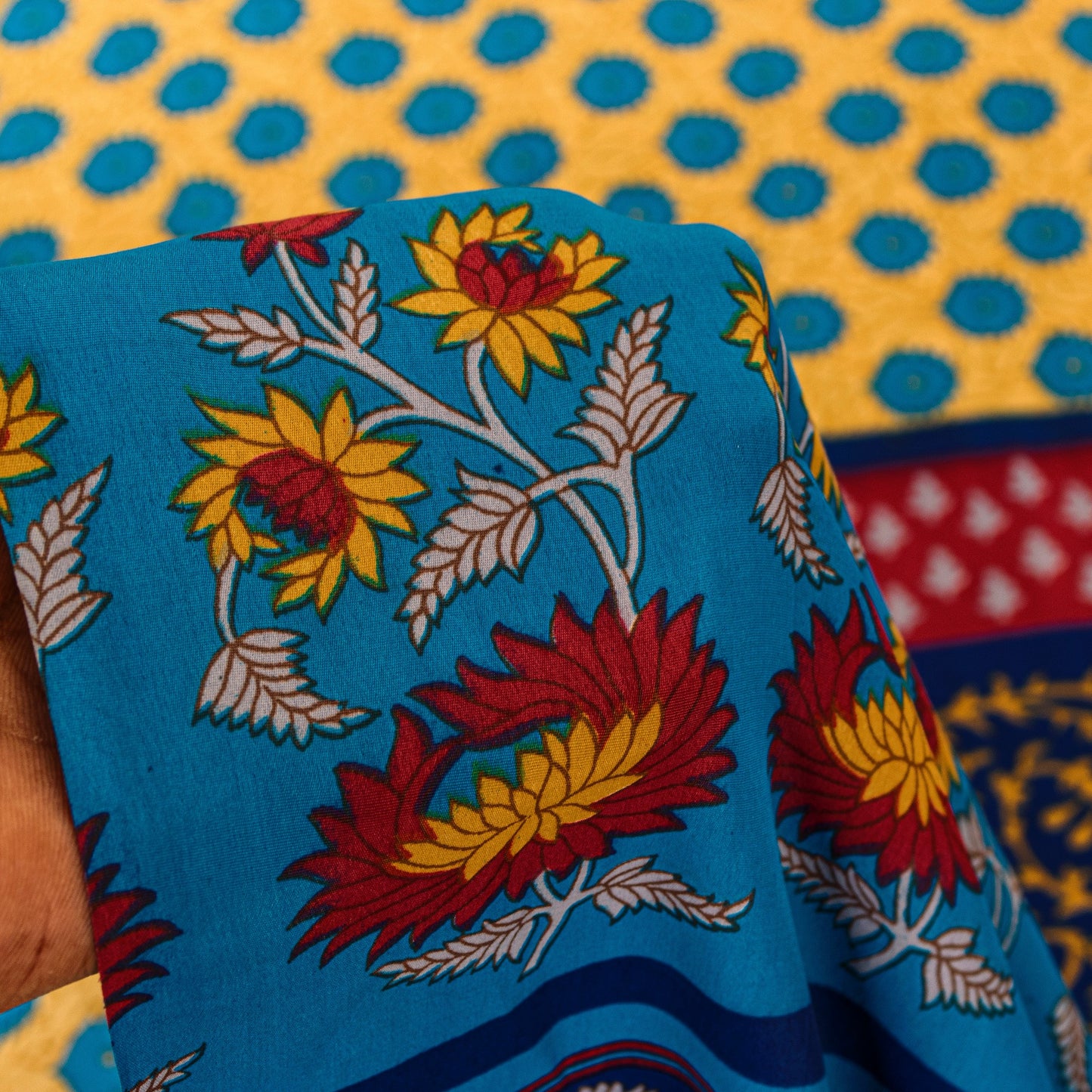 Sanskriti Vintage Blue-Yellow Moss Crepe Sarees Block Print 5.5 YD Floral Fabric