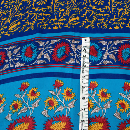 Sanskriti Vintage Blue-Yellow Moss Crepe Sarees Block Print 5.5 YD Floral Fabric
