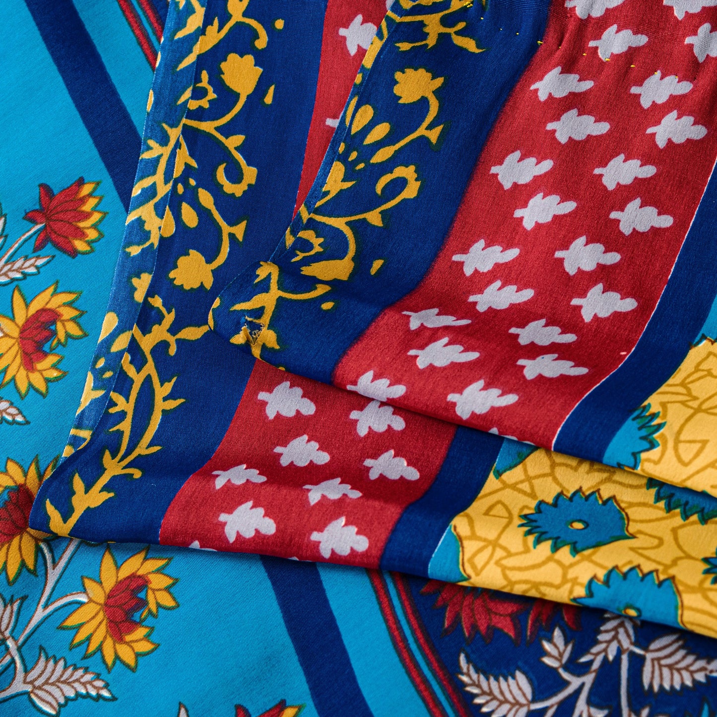 Sanskriti Vintage Blue-Yellow Moss Crepe Sarees Block Print 5.5 YD Floral Fabric