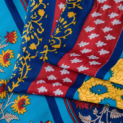 Sanskriti Vintage Blue-Yellow Moss Crepe Sarees Block Print 5.5 YD Floral Fabric