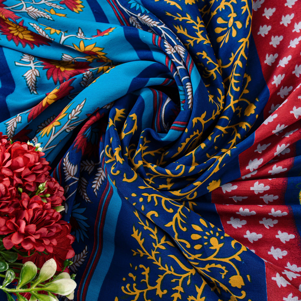 Sanskriti Vintage Blue-Yellow Moss Crepe Sarees Block Print 5.5 YD Floral Fabric
