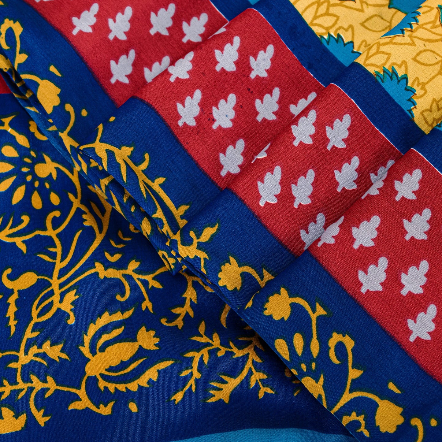 Sanskriti Vintage Blue-Yellow Moss Crepe Sarees Block Print 5.5 YD Floral Fabric