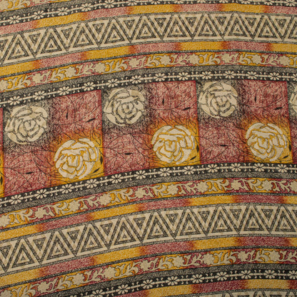 Sanskriti Vintage Cream Moss Crepe Saree Floral Print Fabric 5.5+Yard Craft Sari