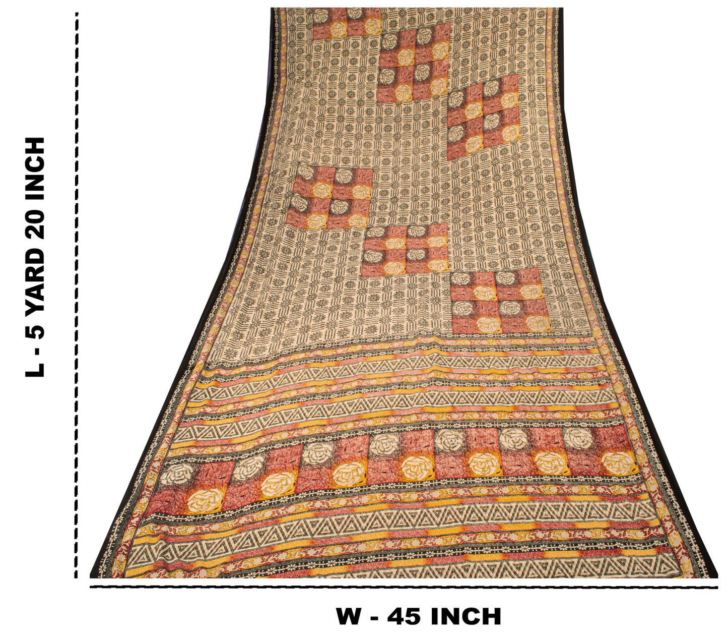 Sanskriti Vintage Cream Moss Crepe Saree Floral Print Fabric 5.5+Yard Craft Sari