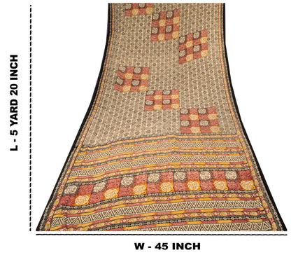 Sanskriti Vintage Cream Moss Crepe Saree Floral Print Fabric 5.5+Yard Craft Sari