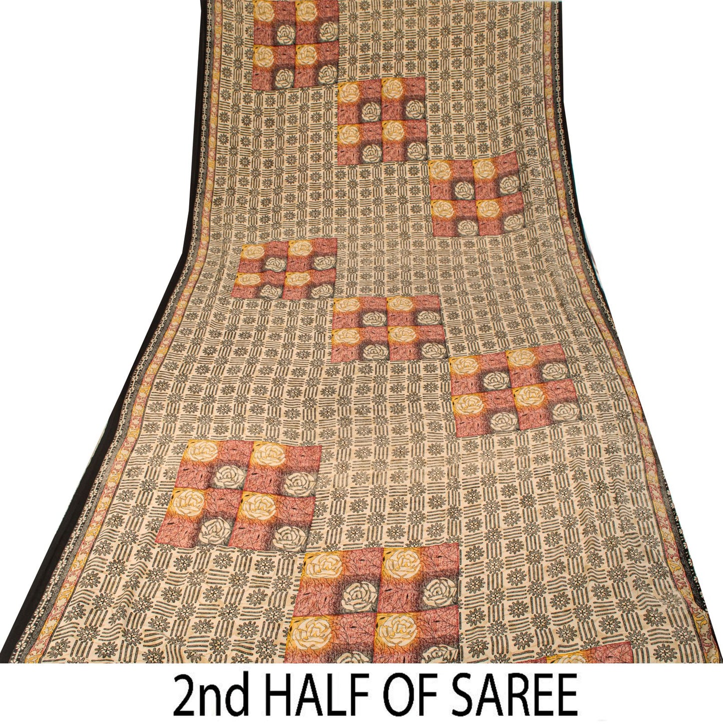 Sanskriti Vintage Cream Moss Crepe Saree Floral Print Fabric 5.5+Yard Craft Sari