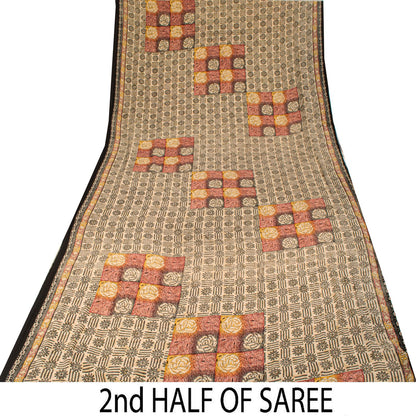 Sanskriti Vintage Cream Moss Crepe Saree Floral Print Fabric 5.5+Yard Craft Sari