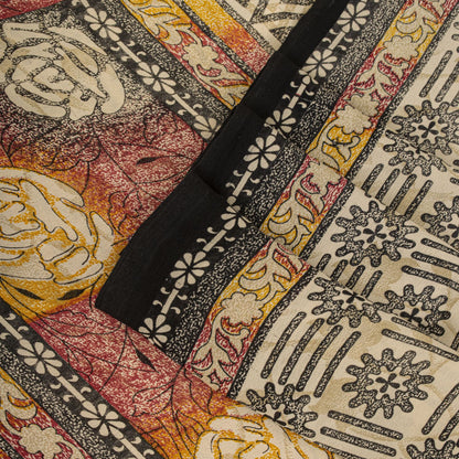 Sanskriti Vintage Cream Moss Crepe Saree Floral Print Fabric 5.5+Yard Craft Sari