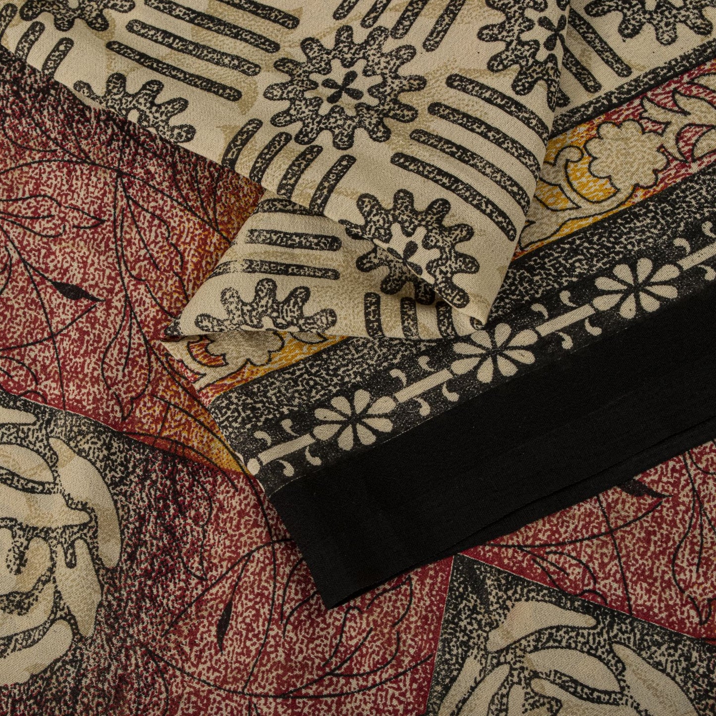 Sanskriti Vintage Cream Moss Crepe Saree Floral Print Fabric 5.5+Yard Craft Sari
