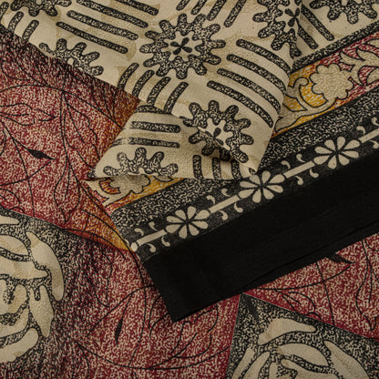 Sanskriti Vintage Cream Moss Crepe Saree Floral Print Fabric 5.5+Yard Craft Sari