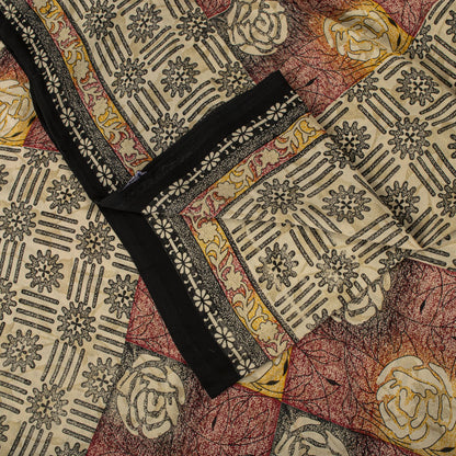 Sanskriti Vintage Cream Moss Crepe Saree Floral Print Fabric 5.5+Yard Craft Sari