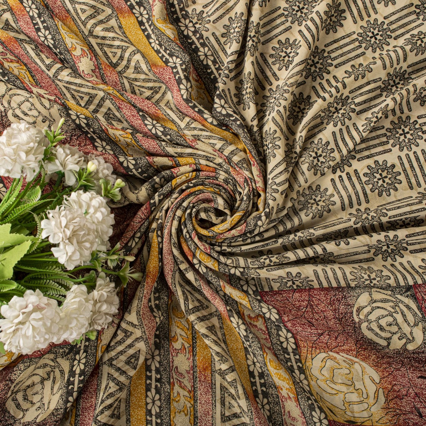 Sanskriti Vintage Cream Moss Crepe Saree Floral Print Fabric 5.5+Yard Craft Sari
