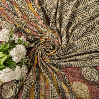Sanskriti Vintage Cream Moss Crepe Saree Floral Print Fabric 5.5+Yard Craft Sari