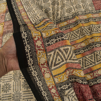 Sanskriti Vintage Cream Moss Crepe Saree Floral Print Fabric 5.5+Yard Craft Sari