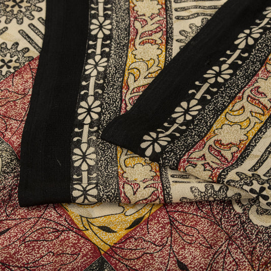Sanskriti Vintage Cream Moss Crepe Saree Floral Print Fabric 5.5+Yard Craft Sari