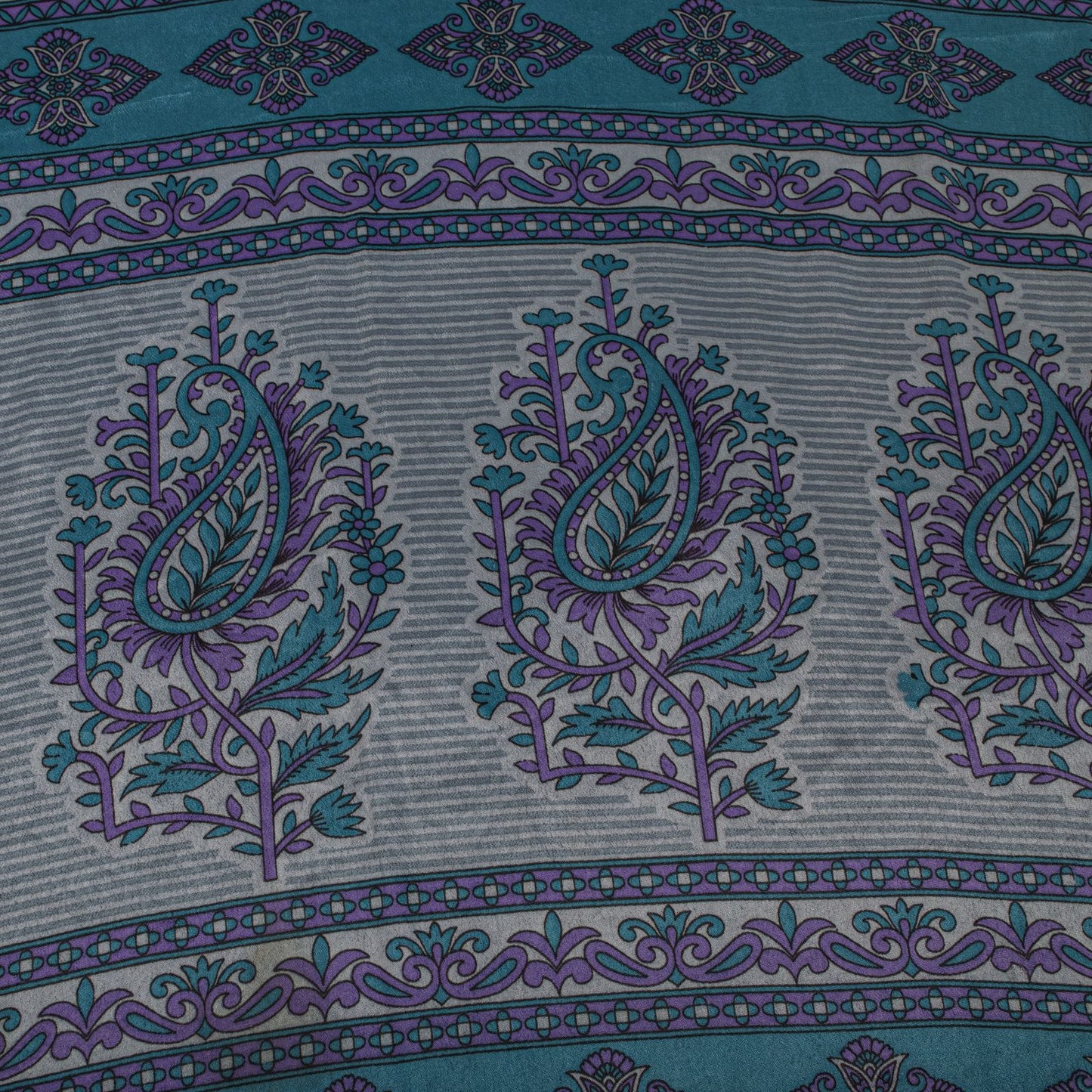 Sanskriti Vintage Gray Moss Crepe Saree Floral Printed Craft Fabric 5.5+Yard Soft Sari