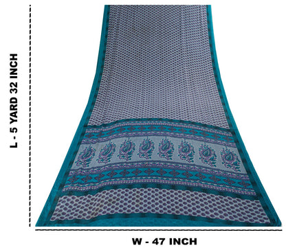 Sanskriti Vintage Gray Moss Crepe Saree Floral Printed Craft Fabric 5.5+Yard Soft Sari