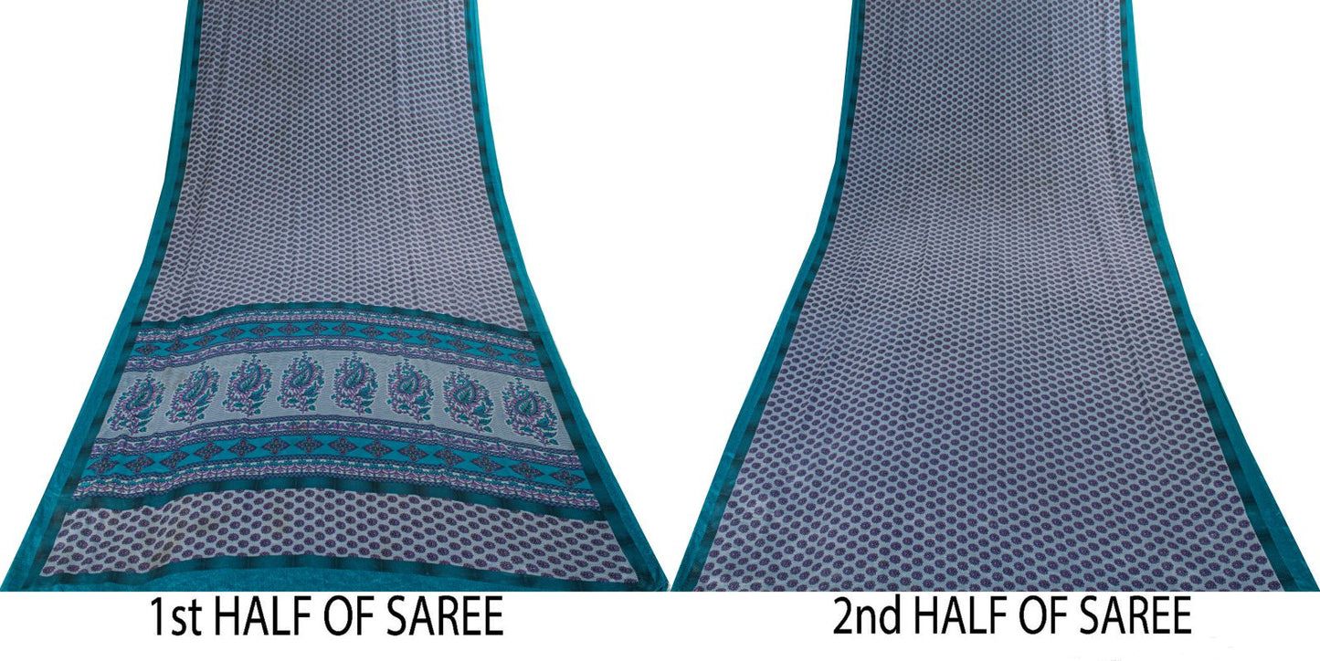 Sanskriti Vintage Gray Moss Crepe Saree Floral Printed Craft Fabric 5.5+Yard Soft Sari