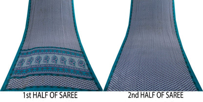 Sanskriti Vintage Gray Moss Crepe Saree Floral Printed Craft Fabric 5.5+Yard Soft Sari