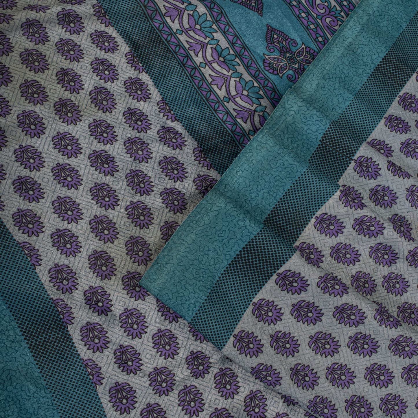 Sanskriti Vintage Gray Moss Crepe Saree Floral Printed Craft Fabric 5.5+Yard Soft Sari