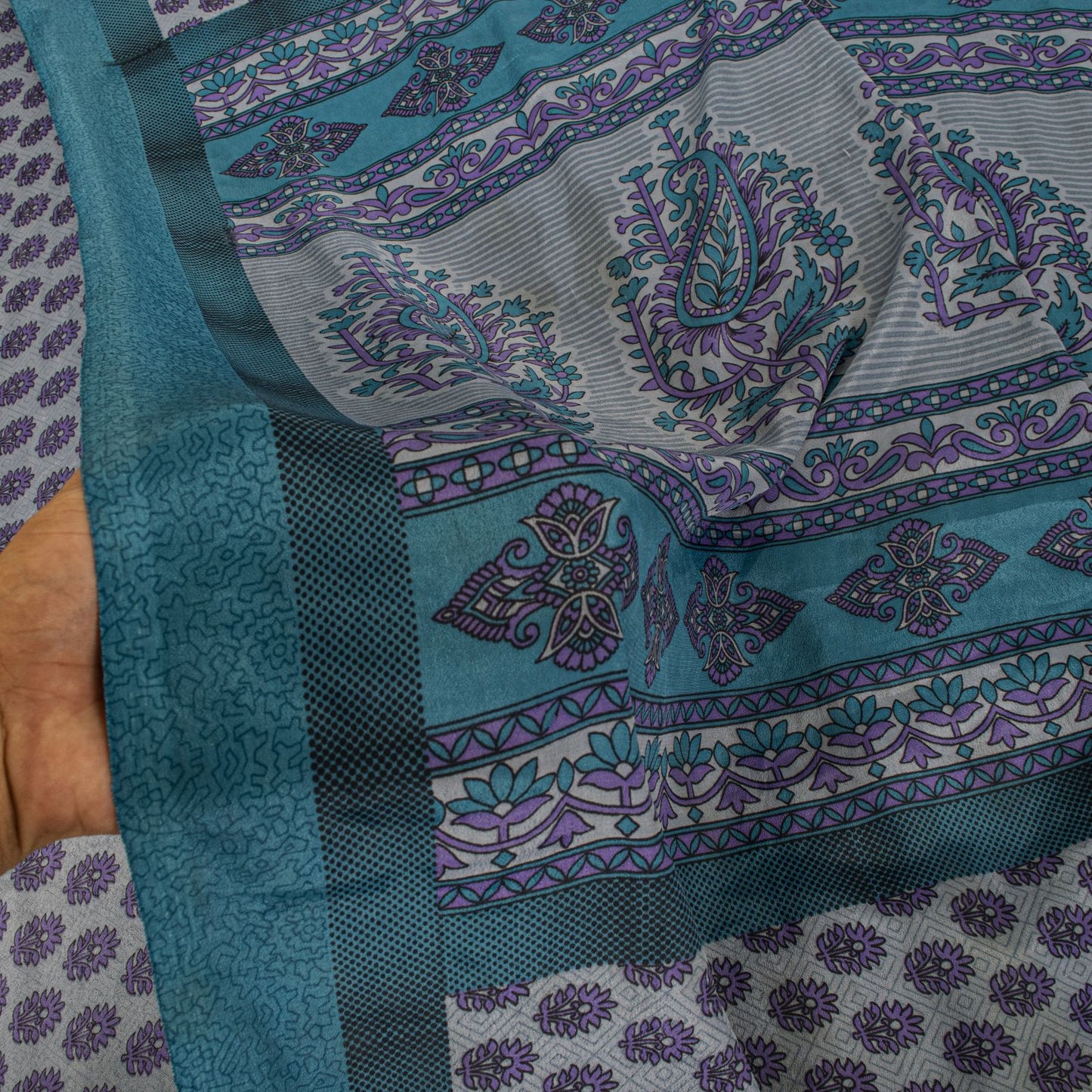 Sanskriti Vintage Gray Moss Crepe Saree Floral Printed Craft Fabric 5.5+Yard Soft Sari