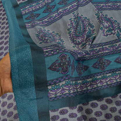 Sanskriti Vintage Gray Moss Crepe Saree Floral Printed Craft Fabric 5.5+Yard Soft Sari