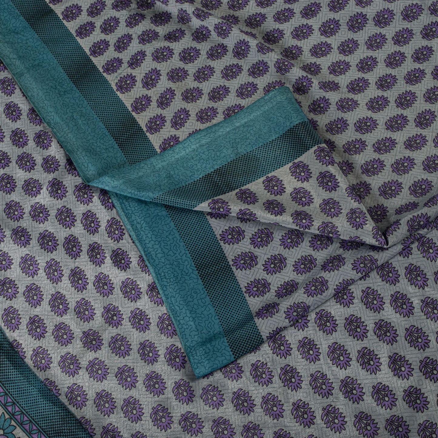 Sanskriti Vintage Gray Moss Crepe Saree Floral Printed Craft Fabric 5.5+Yard Soft Sari
