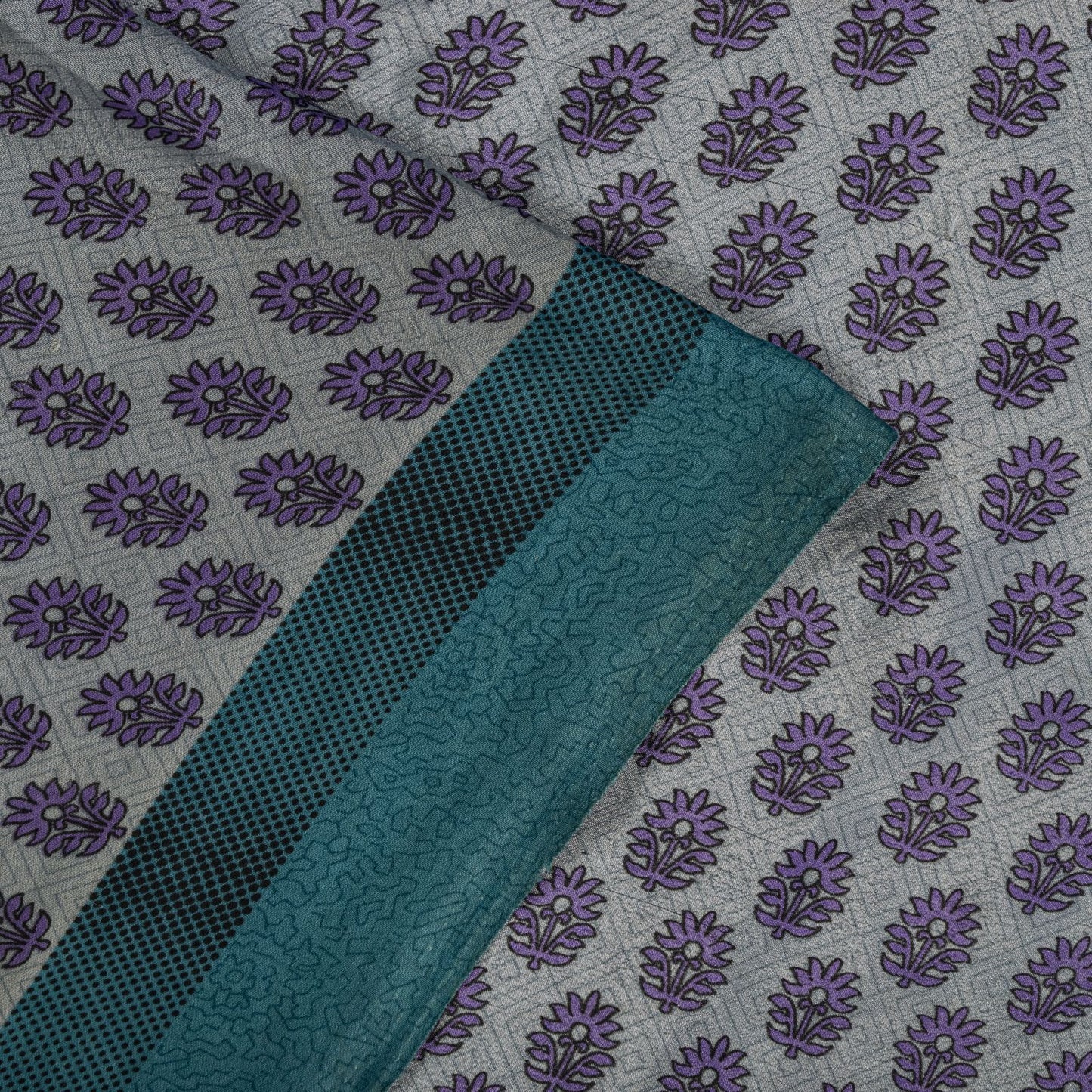 Sanskriti Vintage Gray Moss Crepe Saree Floral Printed Craft Fabric 5.5+Yard Soft Sari