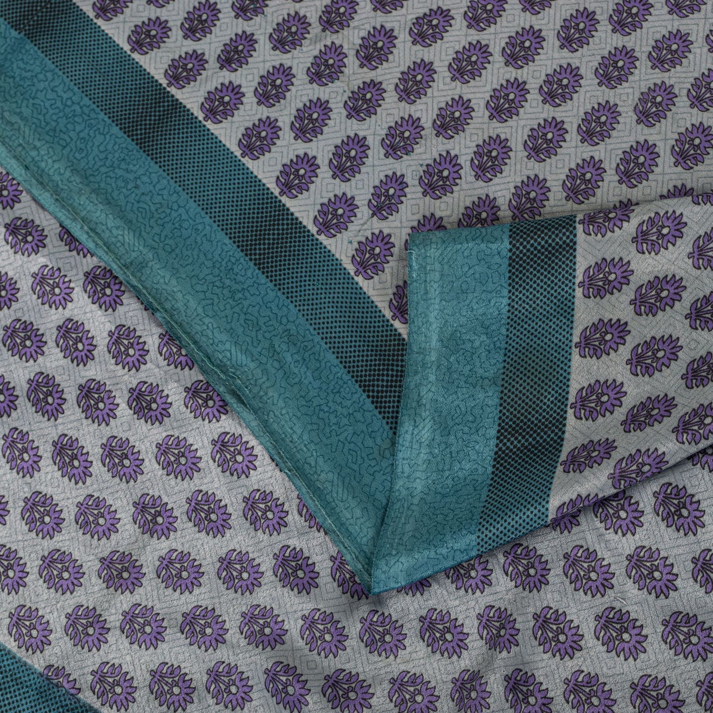 Sanskriti Vintage Gray Moss Crepe Saree Floral Printed Craft Fabric 5.5+Yard Soft Sari