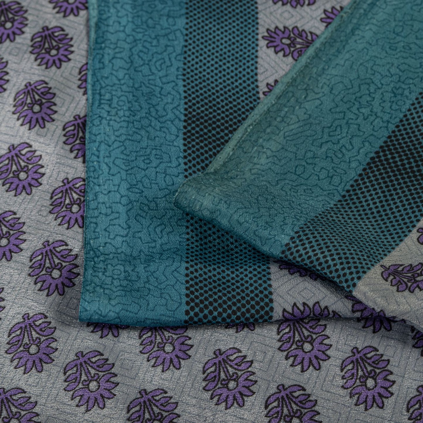 Sanskriti Vintage Gray Moss Crepe Saree Floral Printed Craft Fabric 5.5+Yard Soft Sari