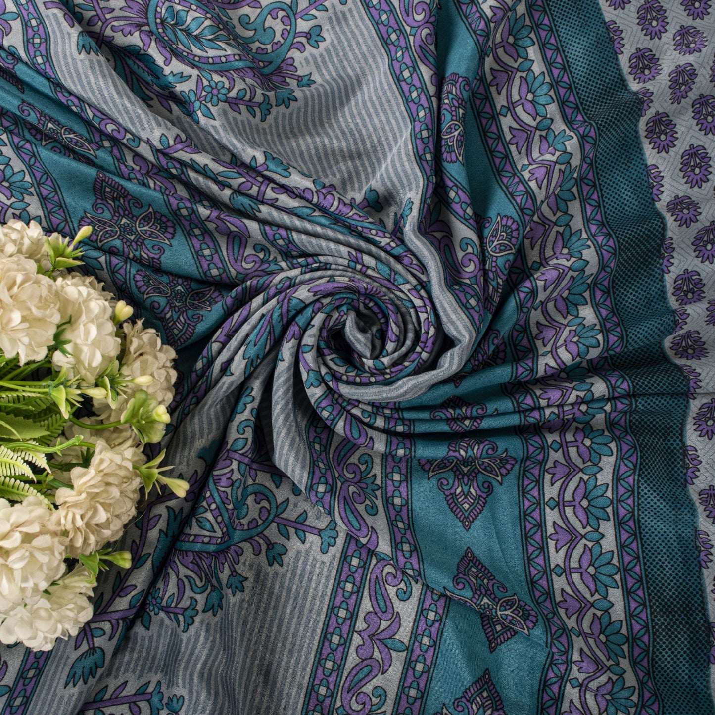 Sanskriti Vintage Gray Moss Crepe Saree Floral Printed Craft Fabric 5.5+Yard Soft Sari