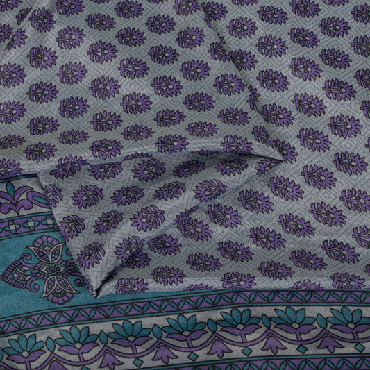 Sanskriti Vintage Gray Moss Crepe Saree Floral Printed Craft Fabric 5.5+Yard Soft Sari