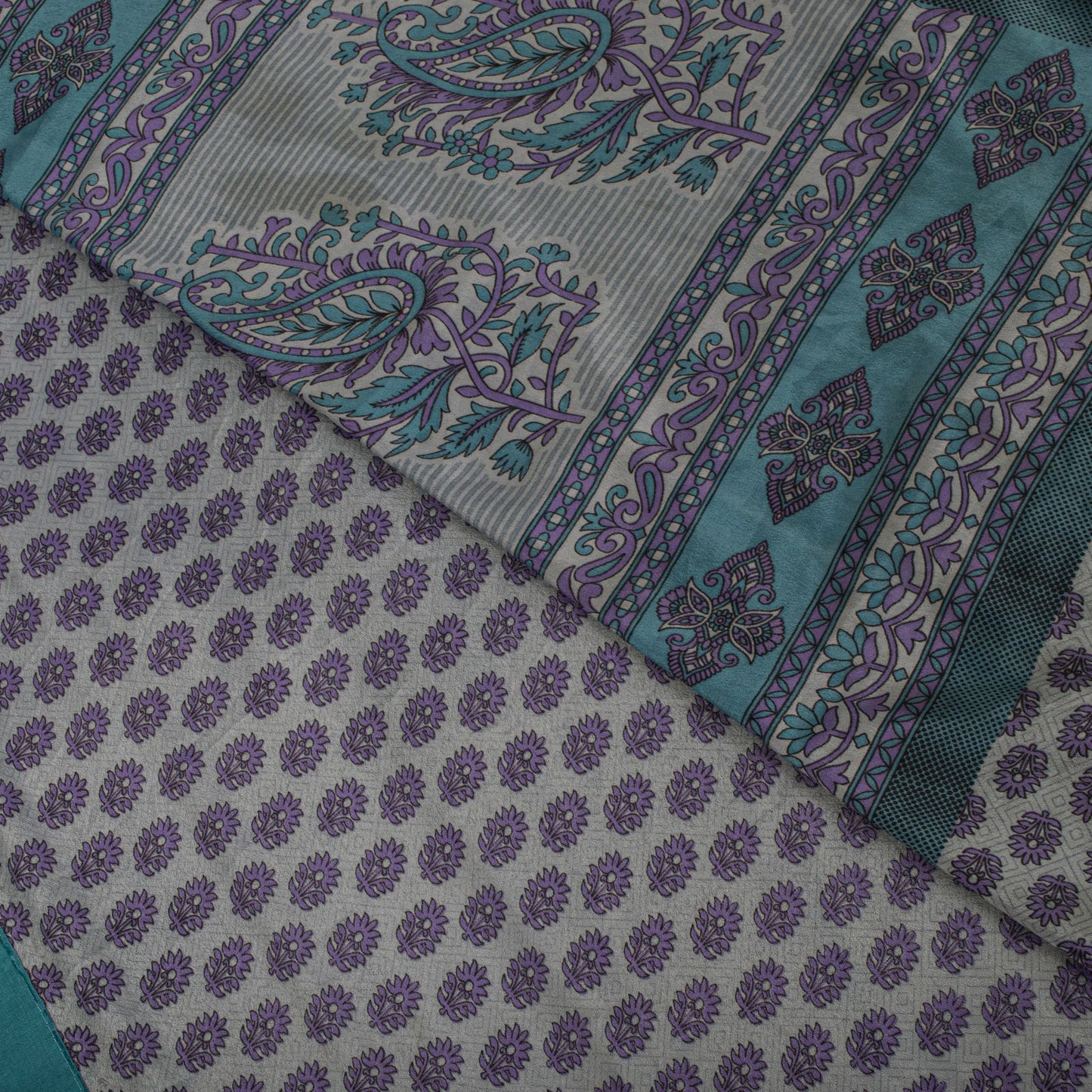 Sanskriti Vintage Gray Moss Crepe Saree Floral Printed Craft Fabric 5.5+Yard Soft Sari