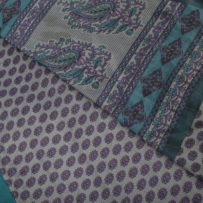 Sanskriti Vintage Gray Moss Crepe Saree Floral Printed Craft Fabric 5.5+Yard Soft Sari