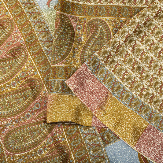 Sanskriti Vintage Cream Soft Moss Crepe Saree Kalamkari Print Sari 5.5YD Fabric