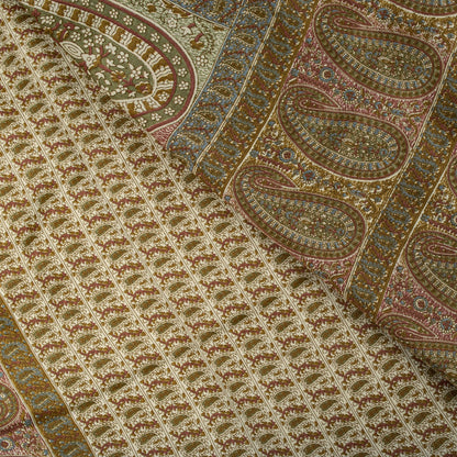 Sanskriti Vintage Cream Soft Moss Crepe Saree Kalamkari Print Sari 5.5YD Fabric